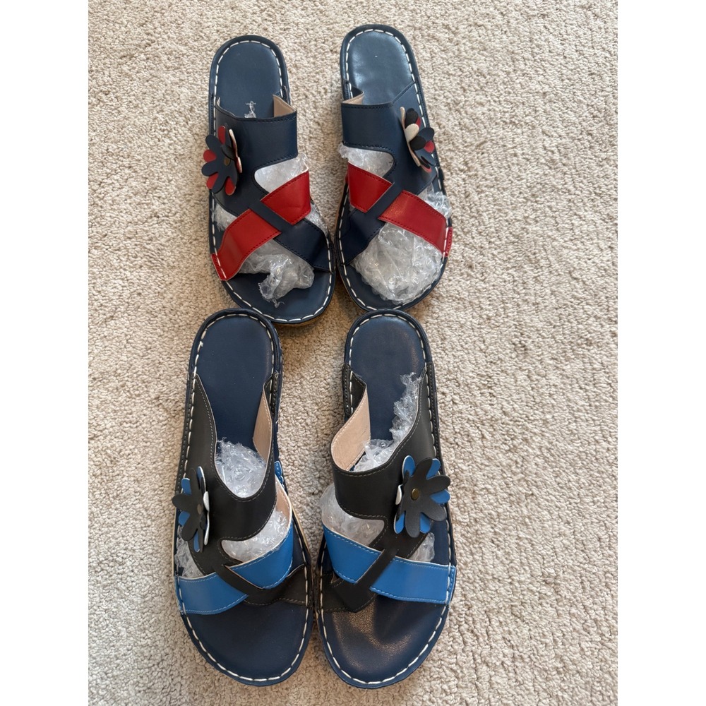 Bunion Corrector Navy & Red Leather Flower Wedge Sandals Size 38 EU Gently‎ Worn
